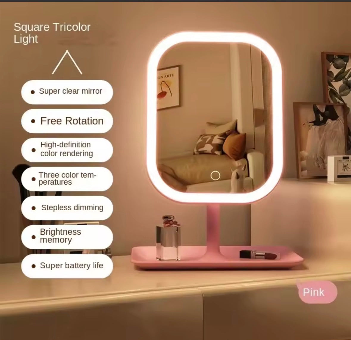 Einzigartiger Designer-Kosmetikspiegel, drei Farben, LED-Licht, Make-up-Spiegel, Touch-Control-Desktop-Spiegel, Schlafzimmer-Schminkspiegel