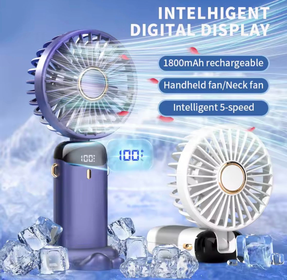 Tragbarer Mini-Handventilator, faltbar, zum Aufhängen am Hals, 5 Geschwindigkeiten, wiederaufladbarer USB-Ventilator mit Telefonständer und Bildschirm, 1800 mAh