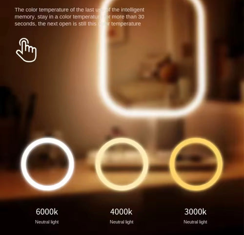Einzigartiger Designer-Kosmetikspiegel, drei Farben, LED-Licht, Make-up-Spiegel, Touch-Control-Desktop-Spiegel, Schlafzimmer-Schminkspiegel