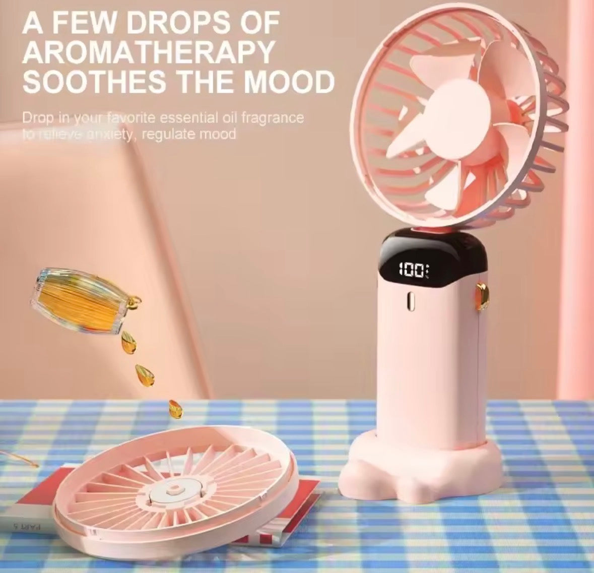 Tragbarer Mini-Handventilator, faltbar, zum Aufhängen am Hals, 5 Geschwindigkeiten, wiederaufladbarer USB-Ventilator mit Telefonständer und Bildschirm, 1800 mAh