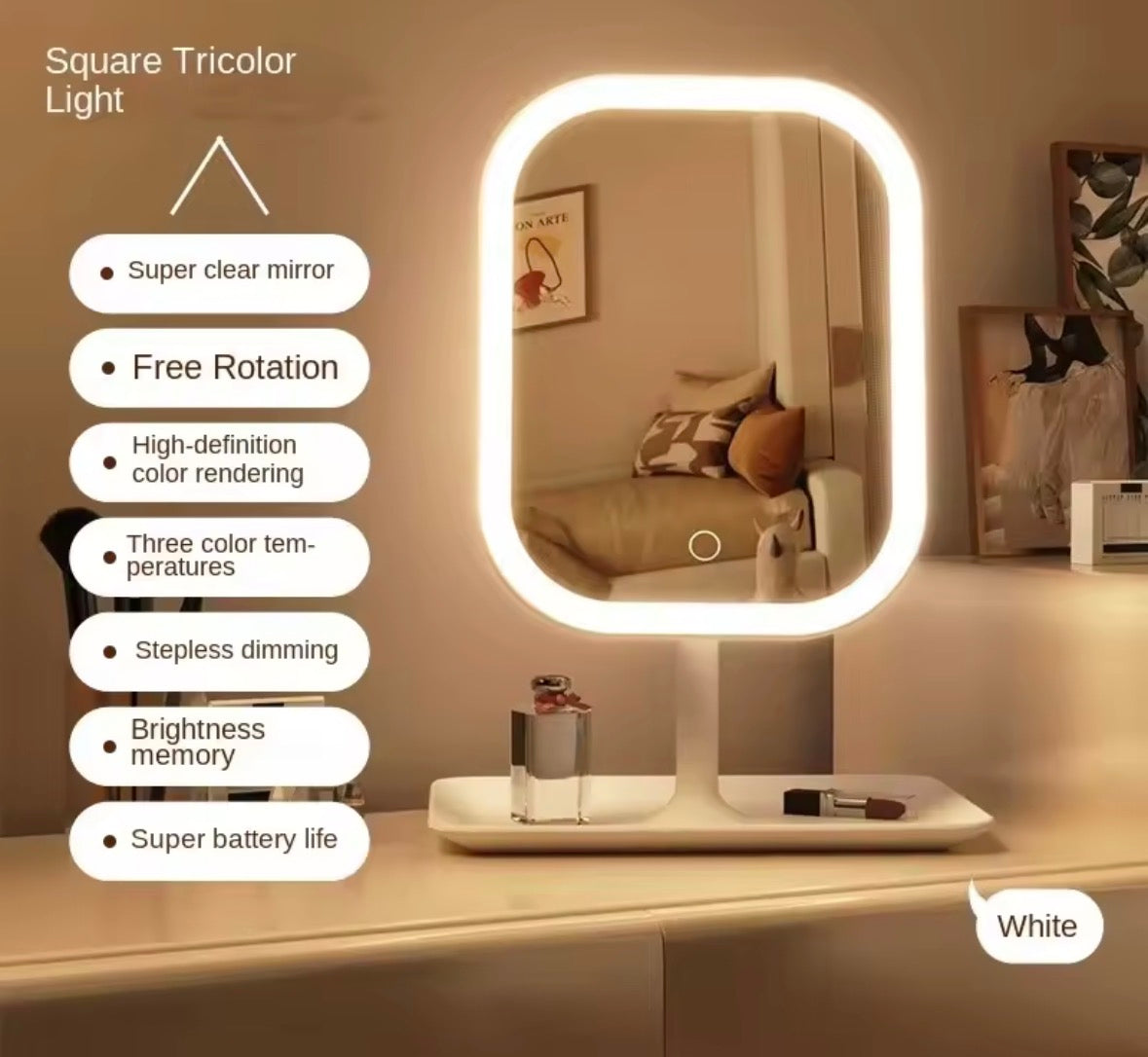 Einzigartiger Designer-Kosmetikspiegel, drei Farben, LED-Licht, Make-up-Spiegel, Touch-Control-Desktop-Spiegel, Schlafzimmer-Schminkspiegel